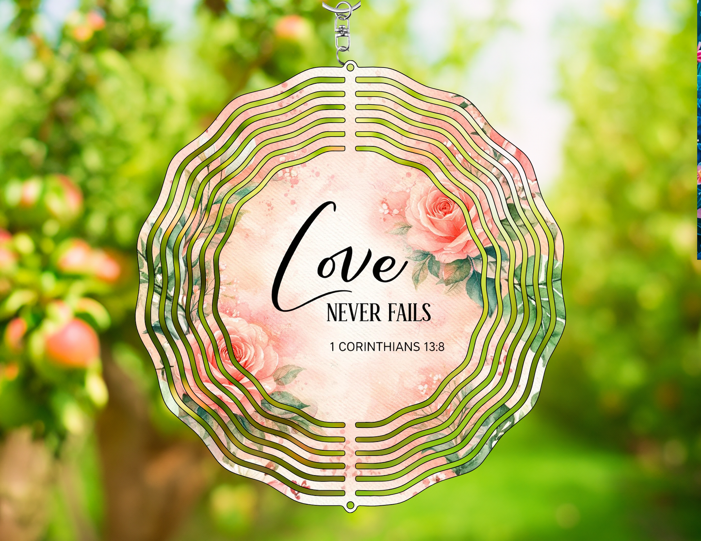 Love Never Fails Wind Spinner | 1 Corinthians 13:8 | Scripture Garden Decor | Wedding & Anniversary Gift