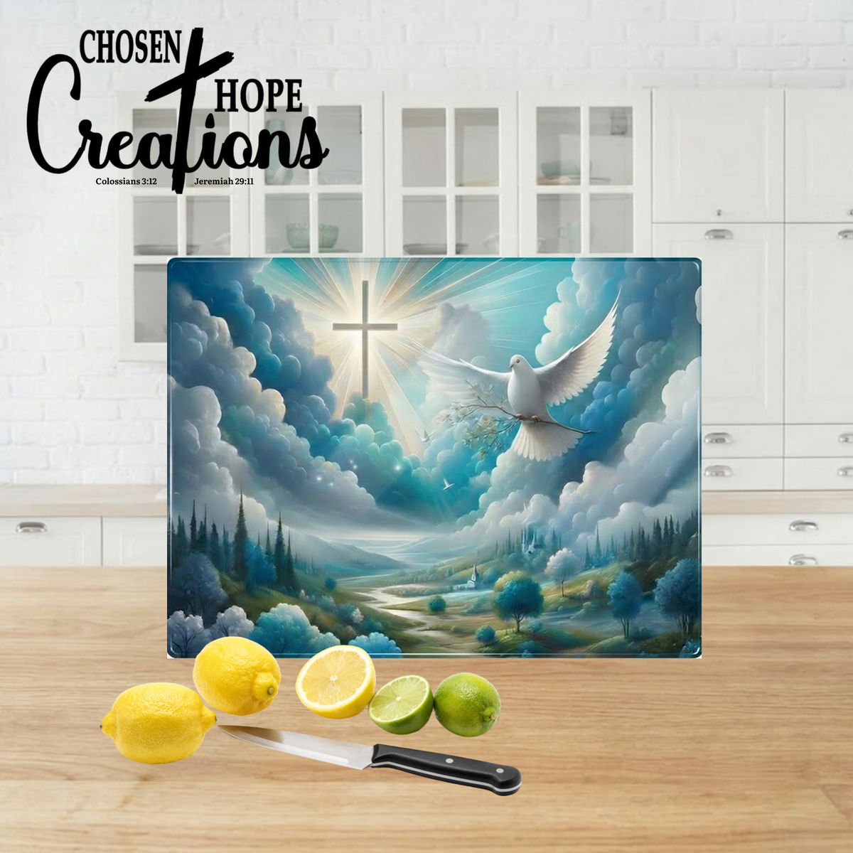 Dove and Cross- Tempered Glass Cutting Board