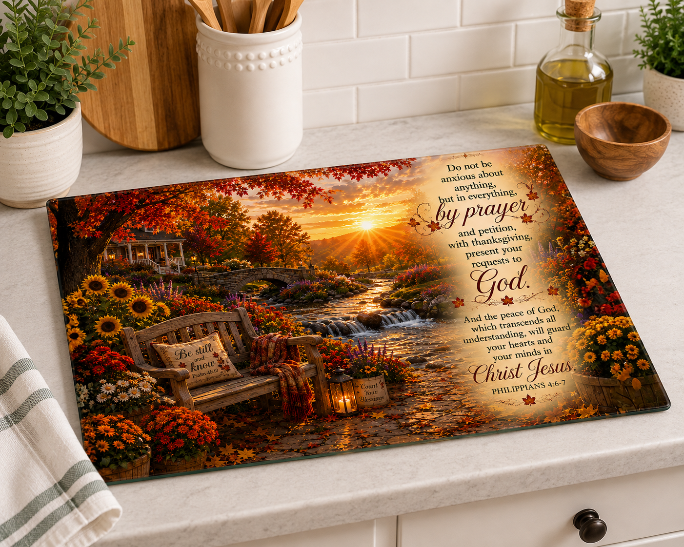Philippians 4:6–7 Peaceful Garden Tempered Glass Cutting Board | Christian Kitchen Décor | Inspirational Scripture Gift