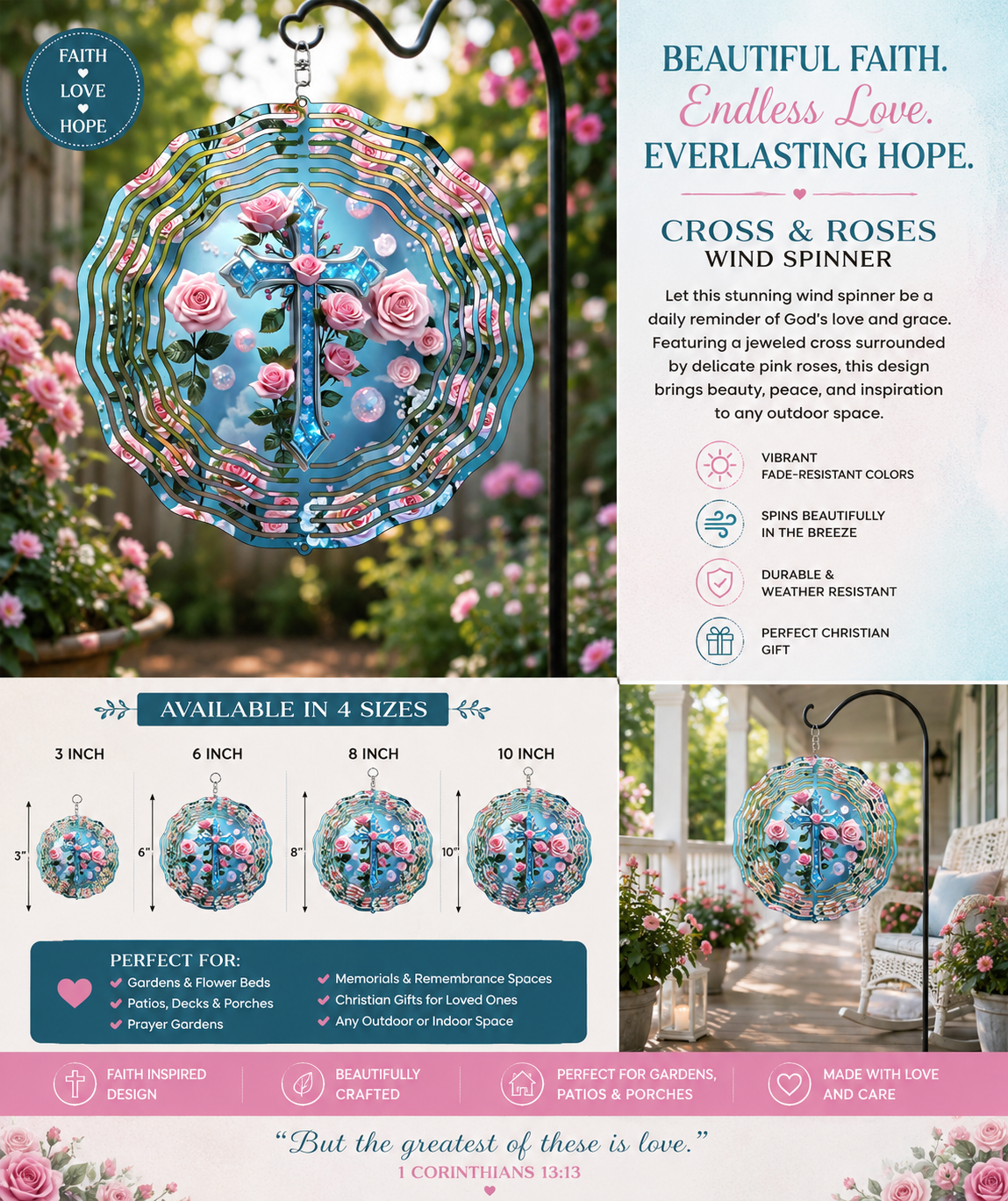 Teal Crystal Cross Pink Roses Wind Spinner | Faith Garden Decor | Christian Gift | Floral
