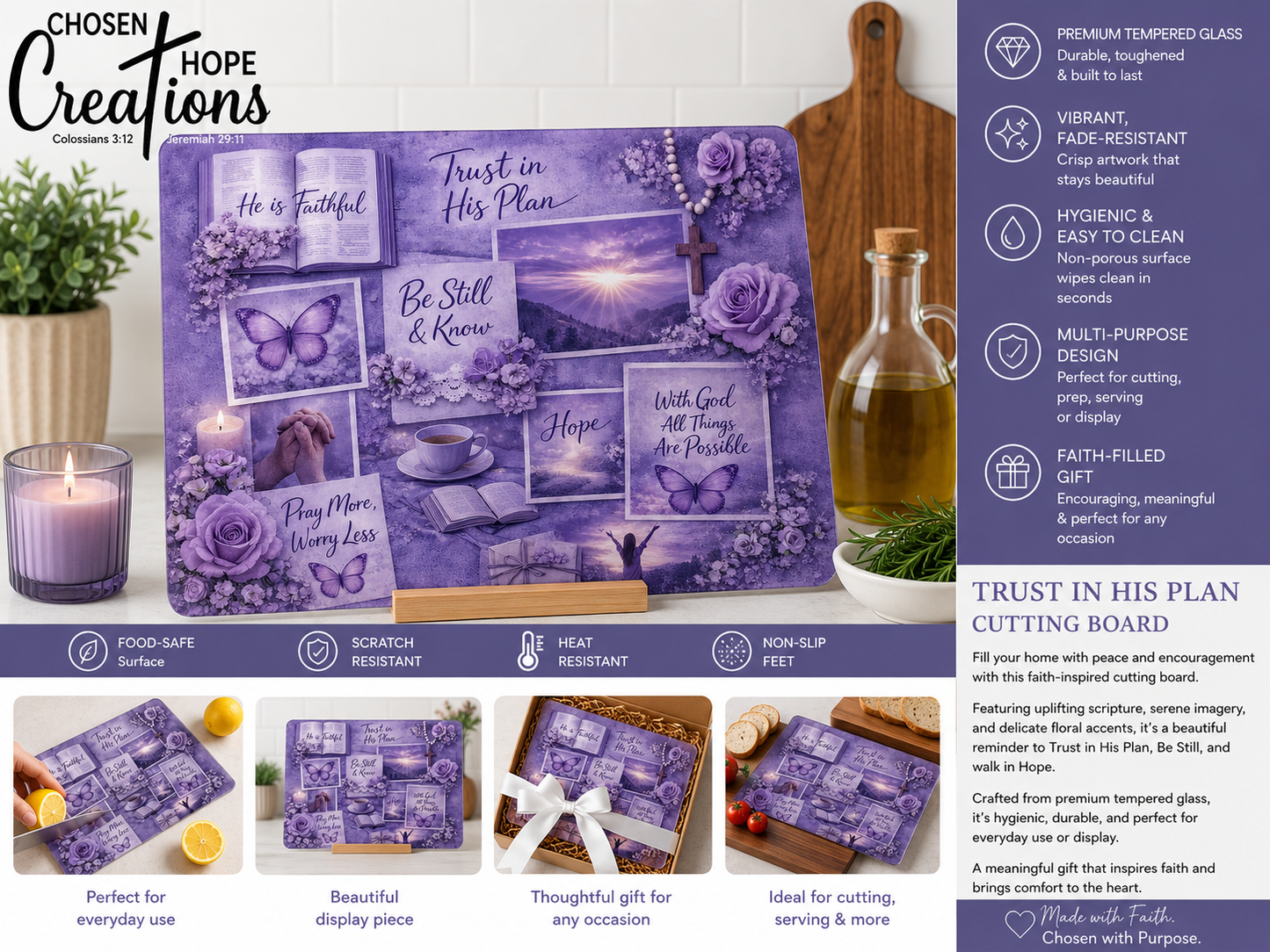 Faith & Flowers Glass Cutting Board | Scripture Quote Collage