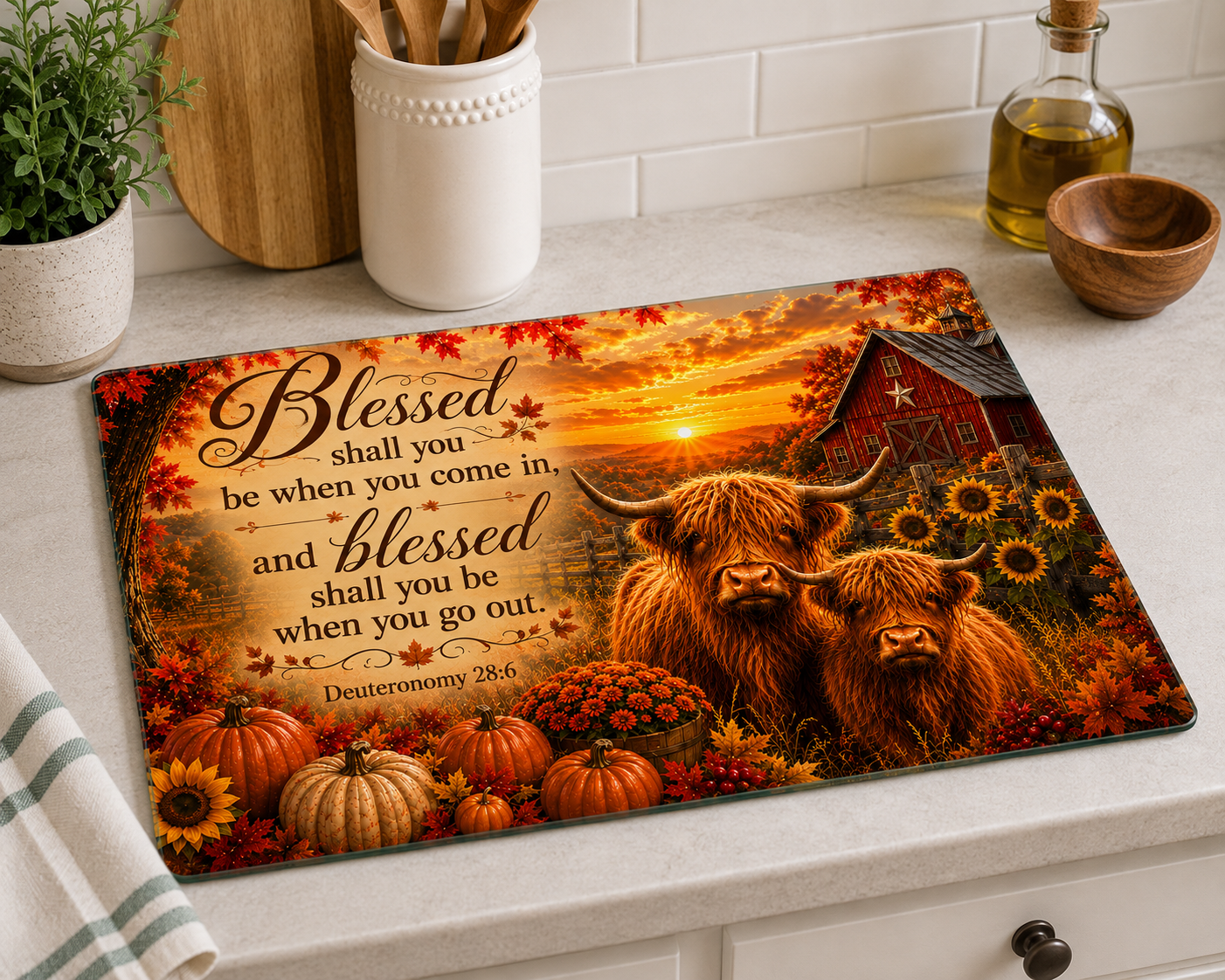 Deuteronomy 28:6 Highland Cattle Tempered Glass Cutting Board | Christian Farmhouse Kitchen Décor | Autumn Scripture Gift