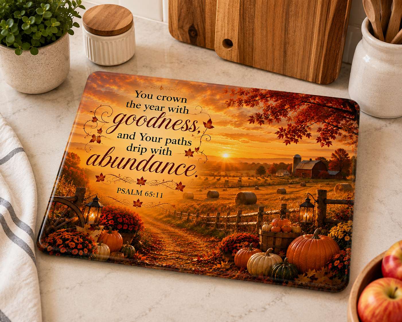 Psalm 65:11 Autumn Harvest Farm Tempered Glass Cutting Board | 11" x 8" | Christian Fall Kitchen Décor Gift