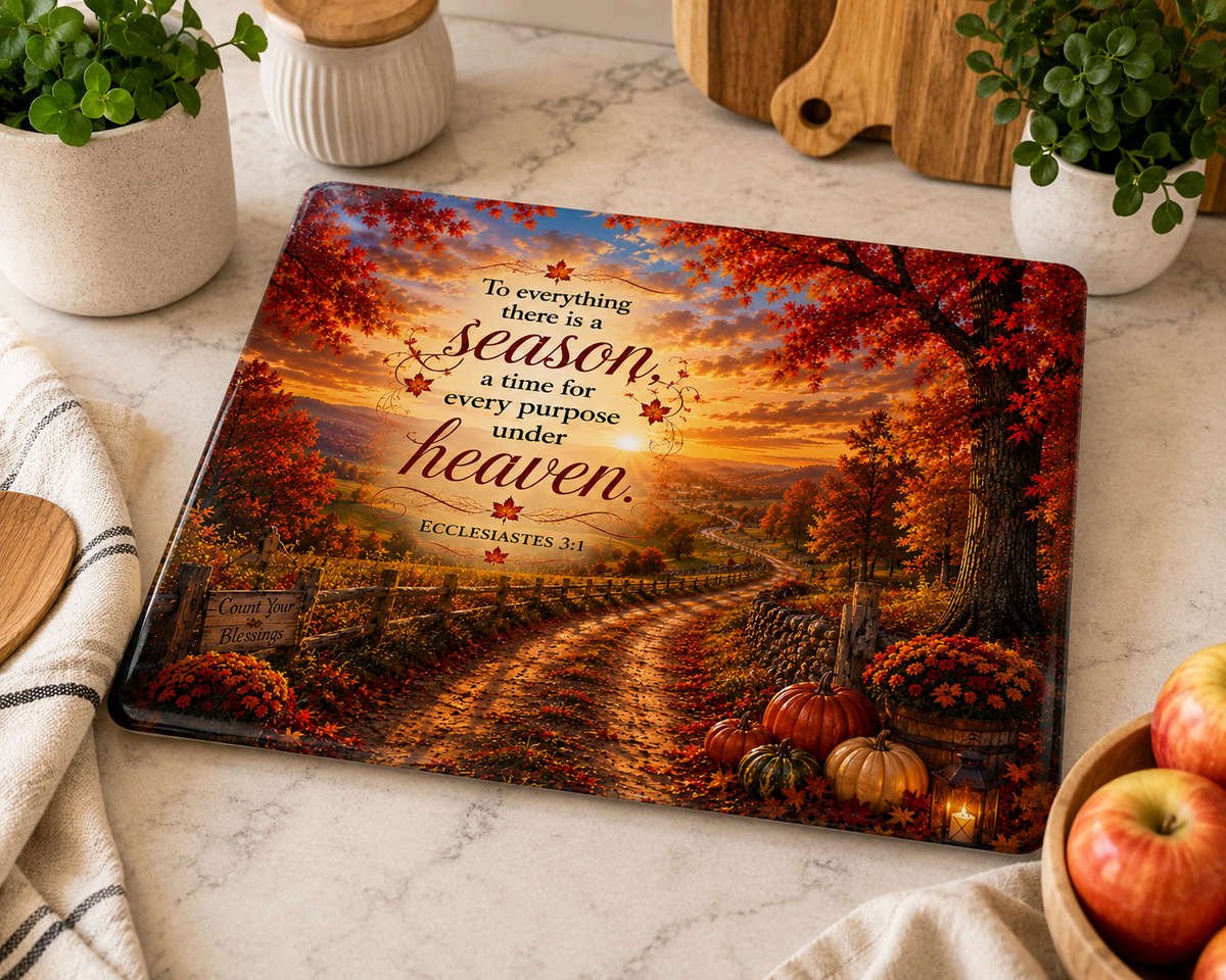 Ecclesiastes 3:1 Autumn Country Road Tempered Glass Cutting Board | 11" x 8" | Christian Kitchen Décor Gift