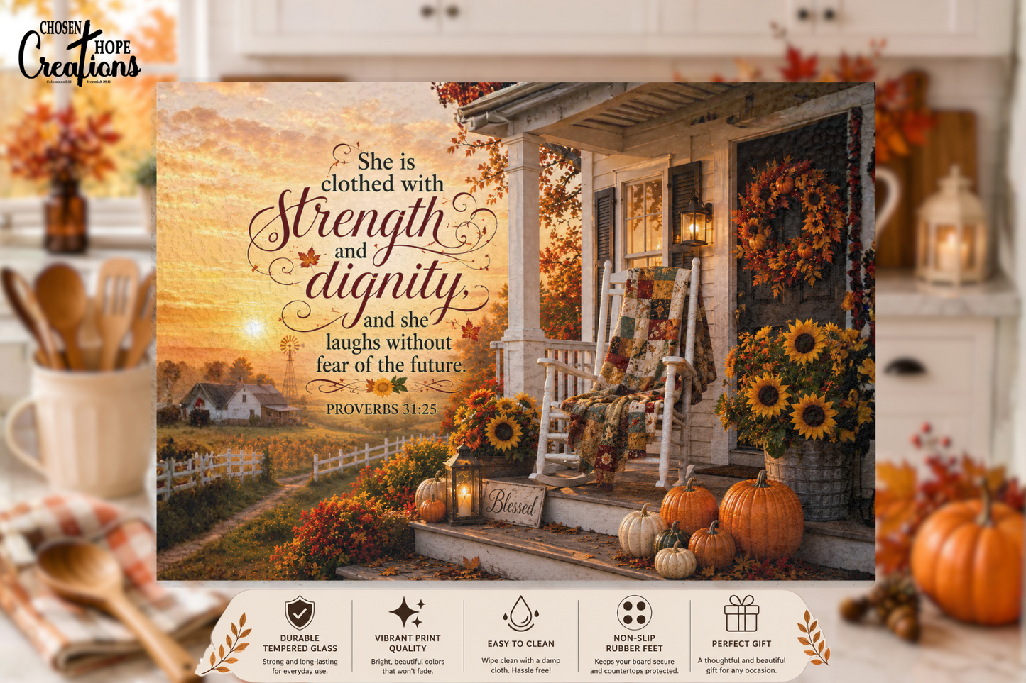 Proverbs 31:25 Autumn Farmhouse Porch Tempered Glass Cutting Board | 11" x 8" | Christian Kitchen Décor Gift
