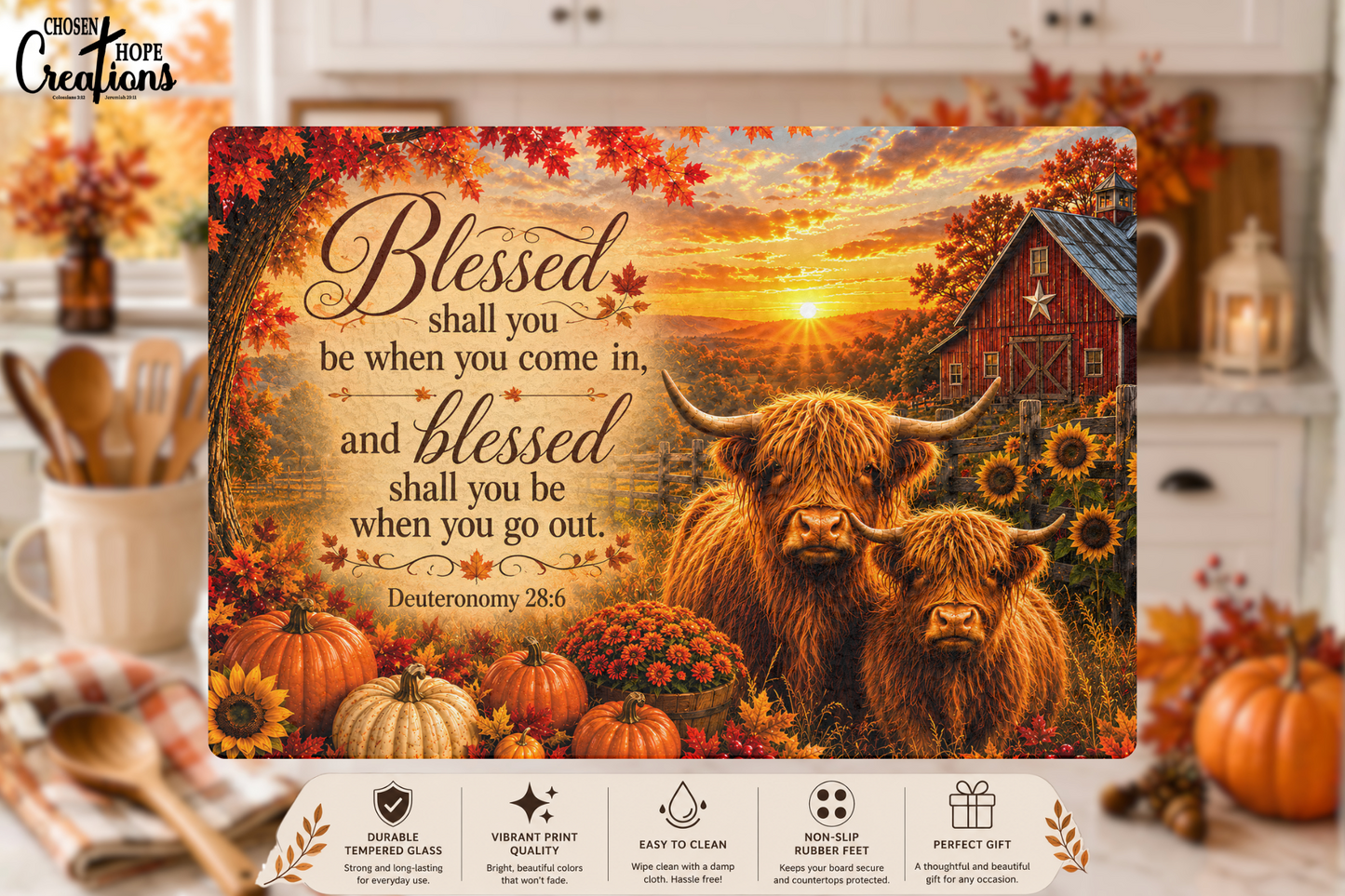 Deuteronomy 28:6 Highland Cattle Tempered Glass Cutting Board | Christian Farmhouse Kitchen Décor | Autumn Scripture Gift