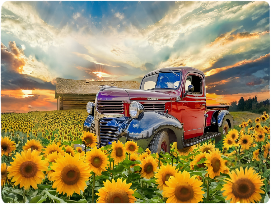 Vintage Truck Sunflower Field Tempered Glass Cutting Board – 8×11