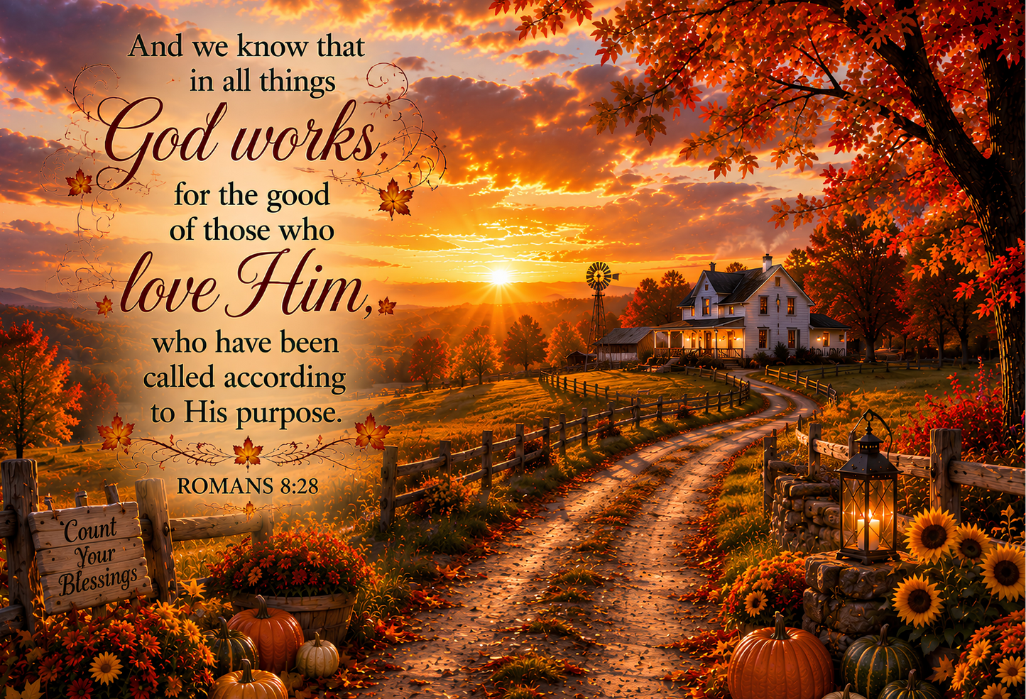 Romans 8:28 Autumn Farmhouse Tempered Glass Cutting Board | 11" x 8" | Christian Fall Kitchen Décor Gift