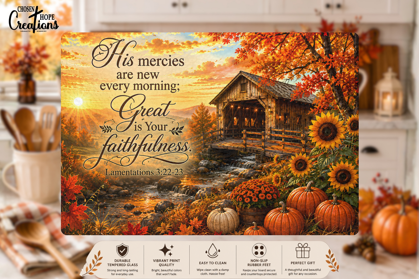 Lamentations 3:22–23 Covered Bridge Tempered Glass Cutting Board | Christian Kitchen Décor | Autumn Scripture Gift