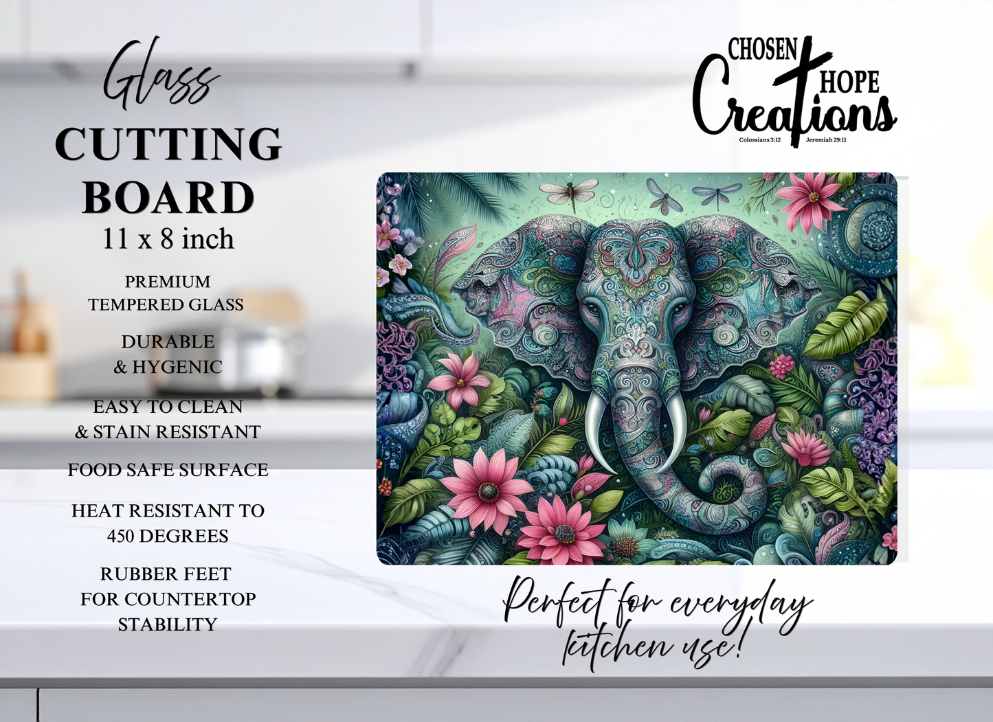Ornate Elephant Mandala – 8x11 Tempered Glass Cutting Board