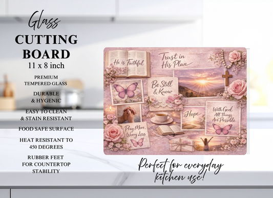 Faith & Flowers Glass Cutting Board | Scripture Quote Collage