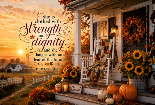 Proverbs 31:25 Autumn Farmhouse Porch Tempered Glass Cutting Board | 11" x 8" | Christian Kitchen Décor Gift