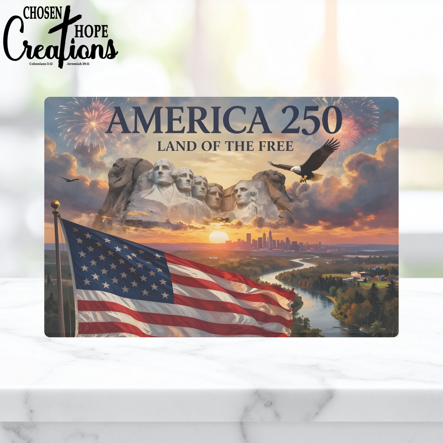 America 250 Land of the Free Patriotic Glass Cutting Board