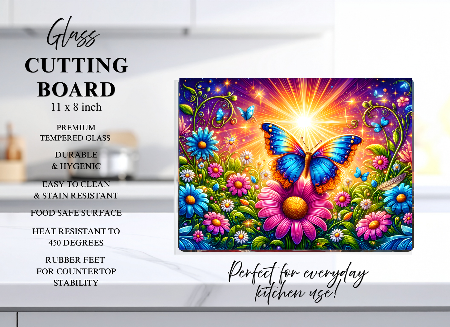 Blue Butterfly Sunburst Garden Tempered Glass Cutting Board - 8x11⁷