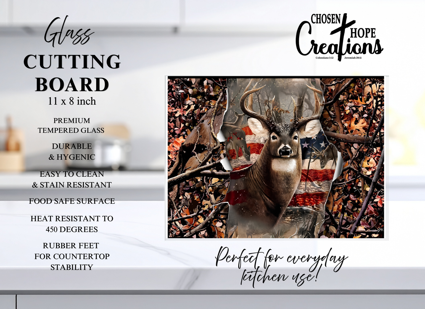 Patriotic Whitetail Buck American Flag Tempered Glass Cutting Board – 8×11