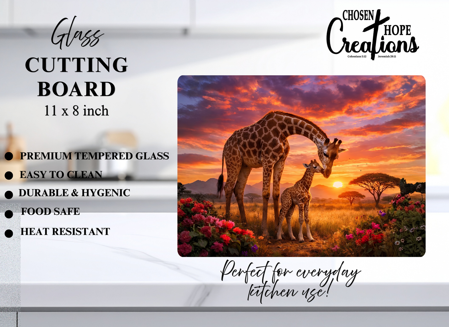 Giraffe Mother & Calf at Sunset – 8x11 Tempered Glass Cutting Board