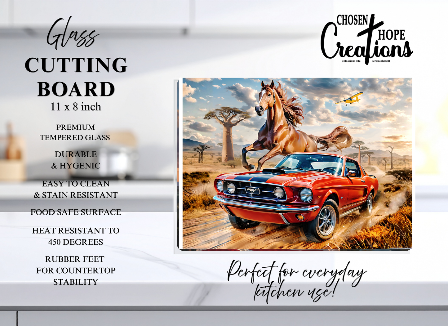Wild Mustang & Ford Mustang Savanna Tempered Glass Cutting Board – 8×11