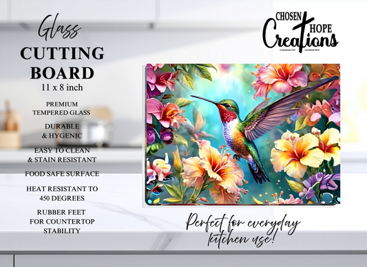 Ruby-Throated Hummingbird Hibiscus Tempered Glass Cutting Board - 8x11