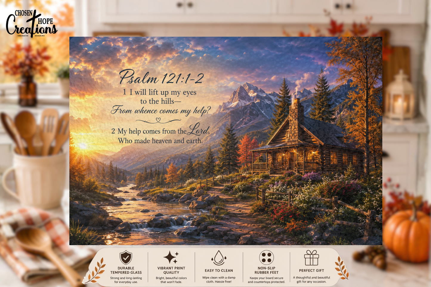 Psalm 121:1–2 Mountain Cabin Tempered Glass Cutting Board | Christian Kitchen Décor | Inspirational Scripture Gift
