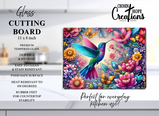 Hummingbird Floral Garden Tempered Glass Cutting Board – 8×11