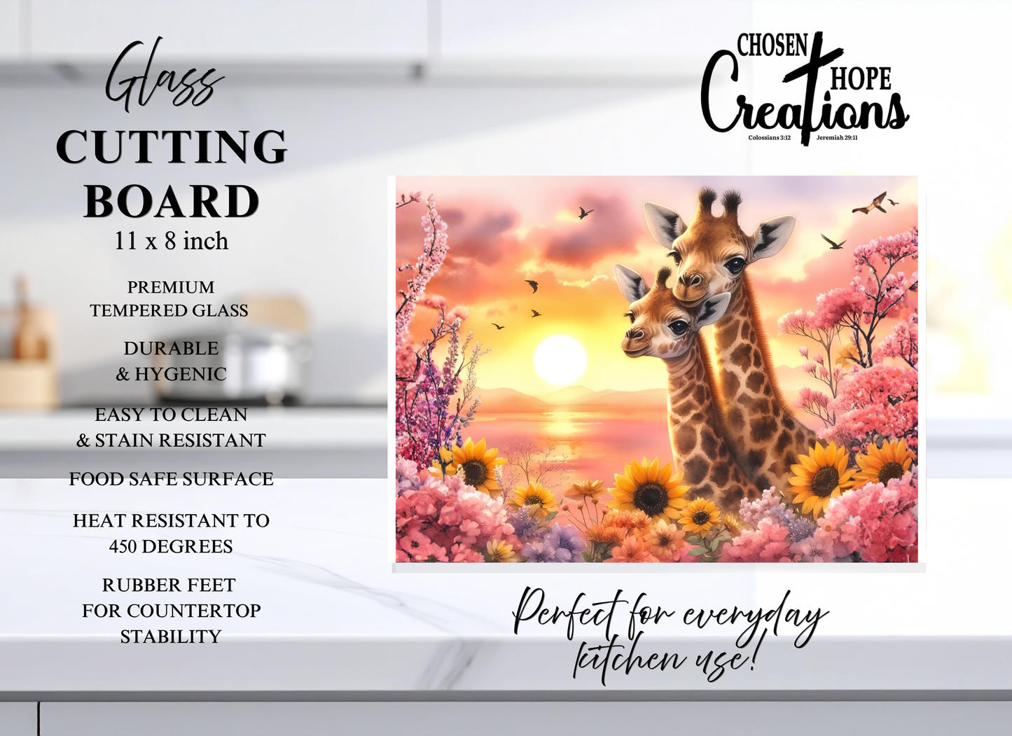 Giraffe Sunset Blossom Tempered Glass Cutting Board – 8×11