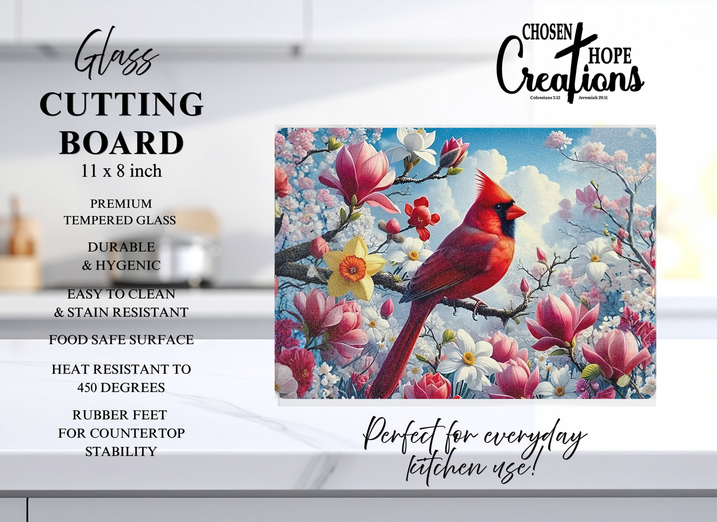 Red Cardinal Spring Blossoms Tempered Glass Cutting Board – 8×11