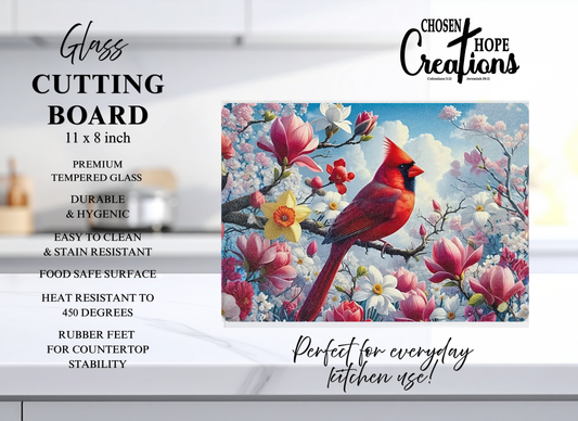 Red Cardinal Spring Blossoms Tempered Glass Cutting Board – 8×11