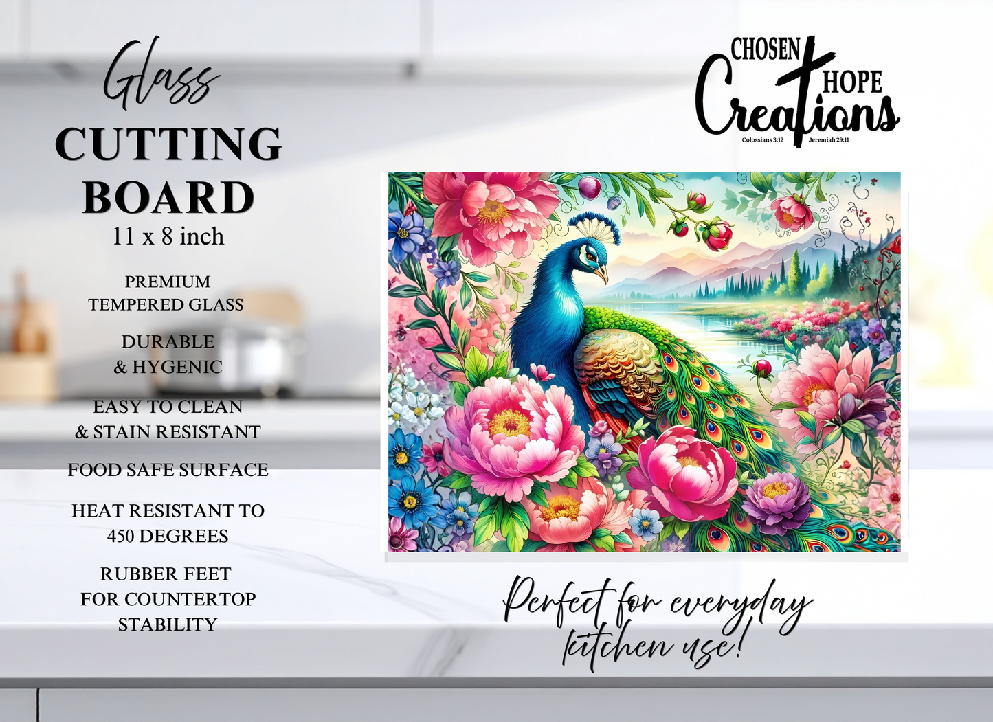 Peacock Peony Garden Tempered Glass Cutting Board – 8×11