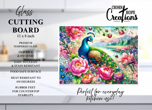 Peacock Peony Garden Tempered Glass Cutting Board – 8×11