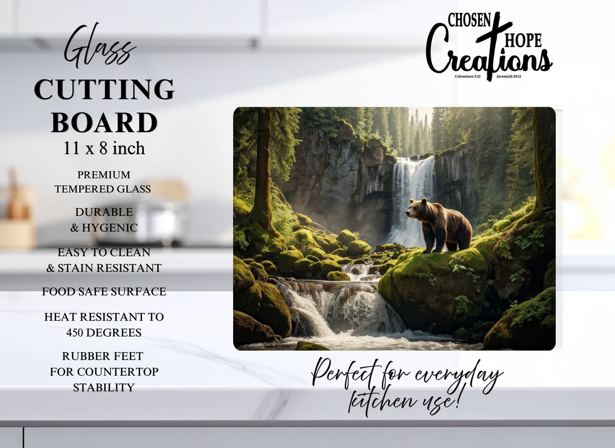 Grizzly Bear at the Falls – 8x11 Tempered Glass Cutting Board