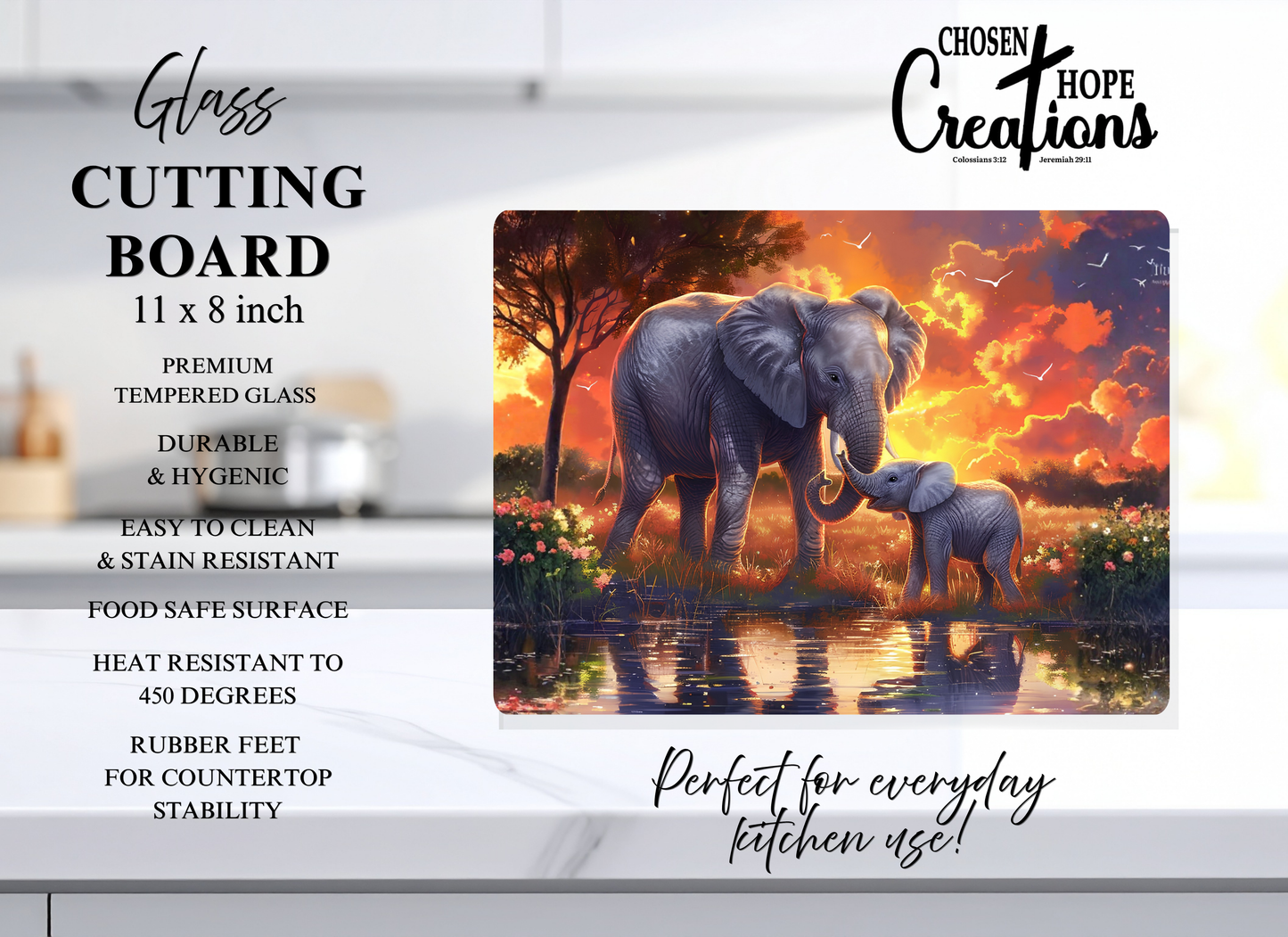 Elephant Mother& Calf at Sunset – 8x11 Tempered Glass Cutting Board