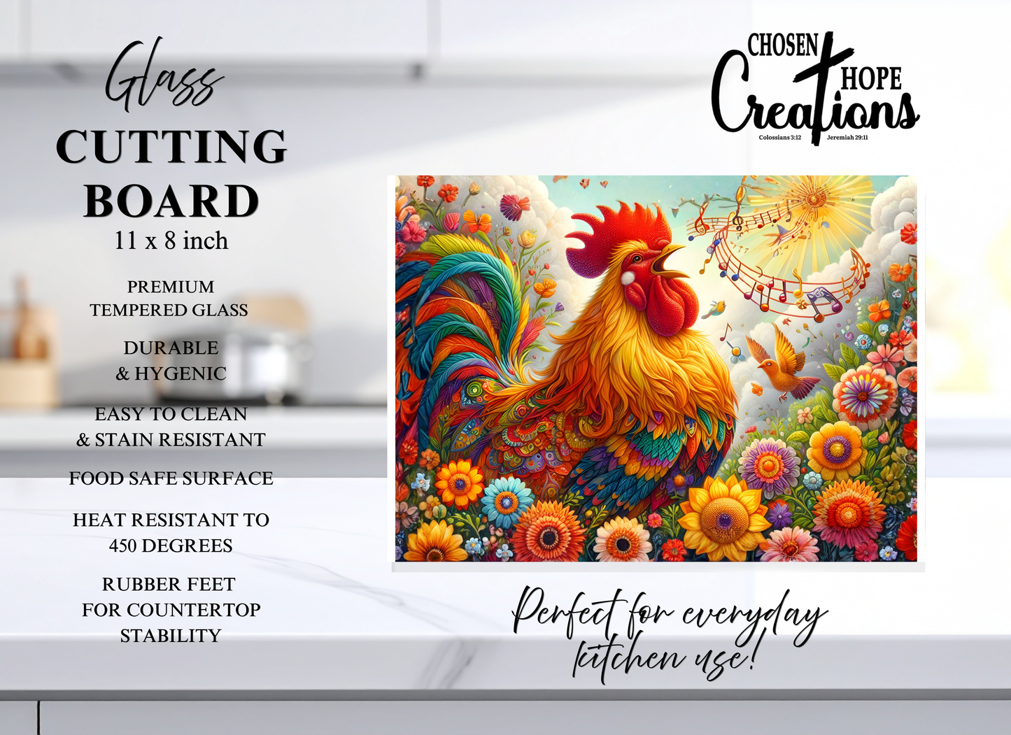 Singing Rooster Wildflower Garden Tempered Glass Cutting Board – 8×11