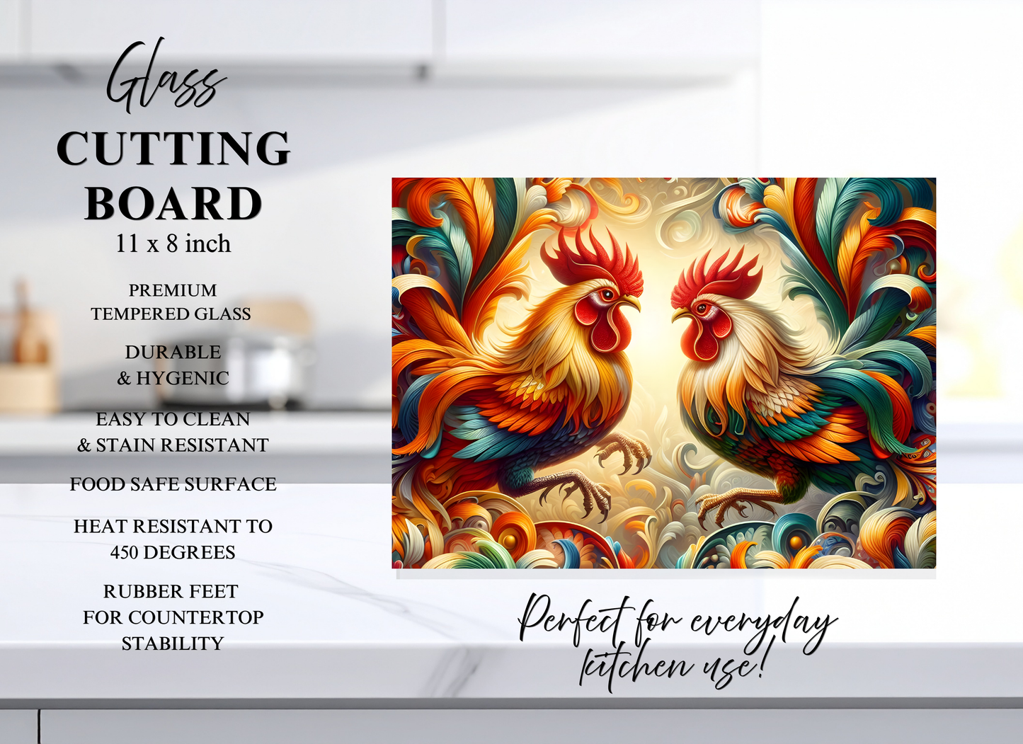 Rooster Duo Tempered Glass Cutting Board – 8×11