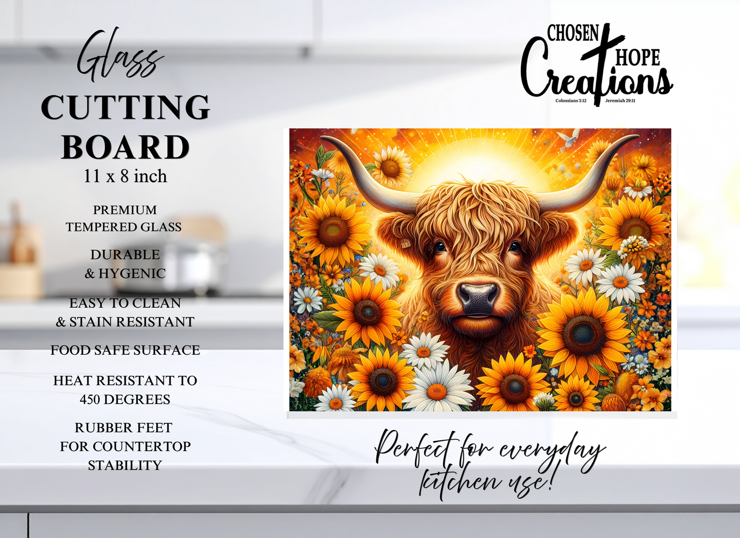 Highland Cow Sunflower Tempered Glass Cutting Board – 8×11