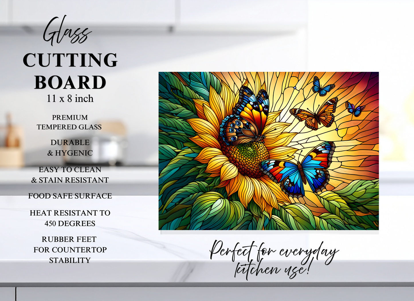Stained Glass Sunflower & Butterfly Tempered Glass Cutting Board – 8×11