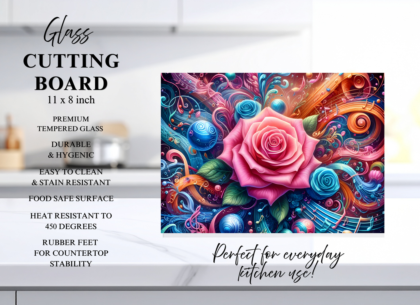 Rose & Music Tempered Glass Cutting Board – 8×11