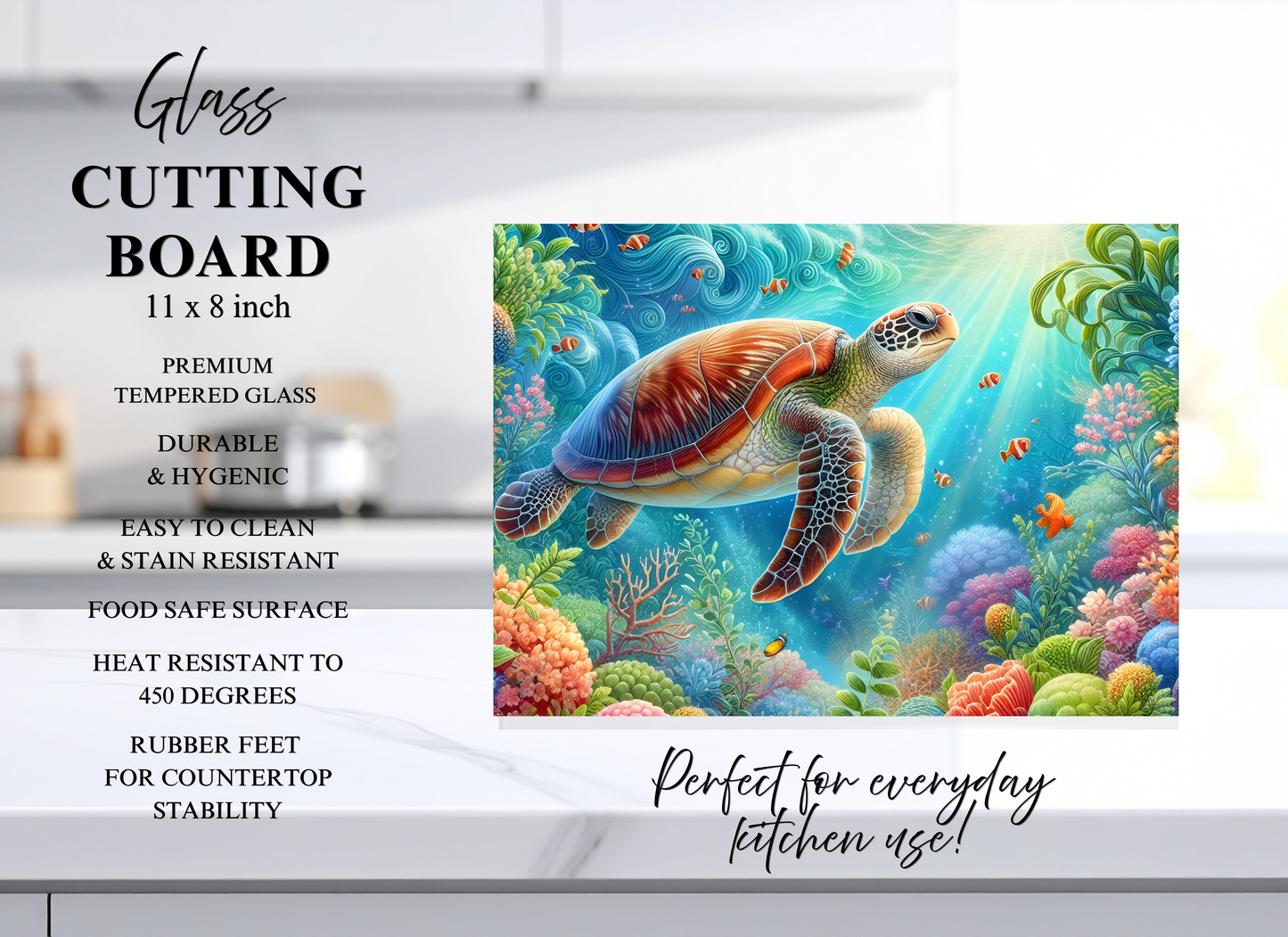 Sea Turtle Coral Reef Tempered Glass Cutting Board – 8×11