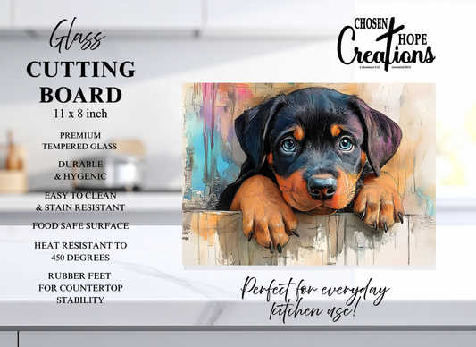Rottweiler Puppy Peeking Tempered Glass Cutting Board – 8×11