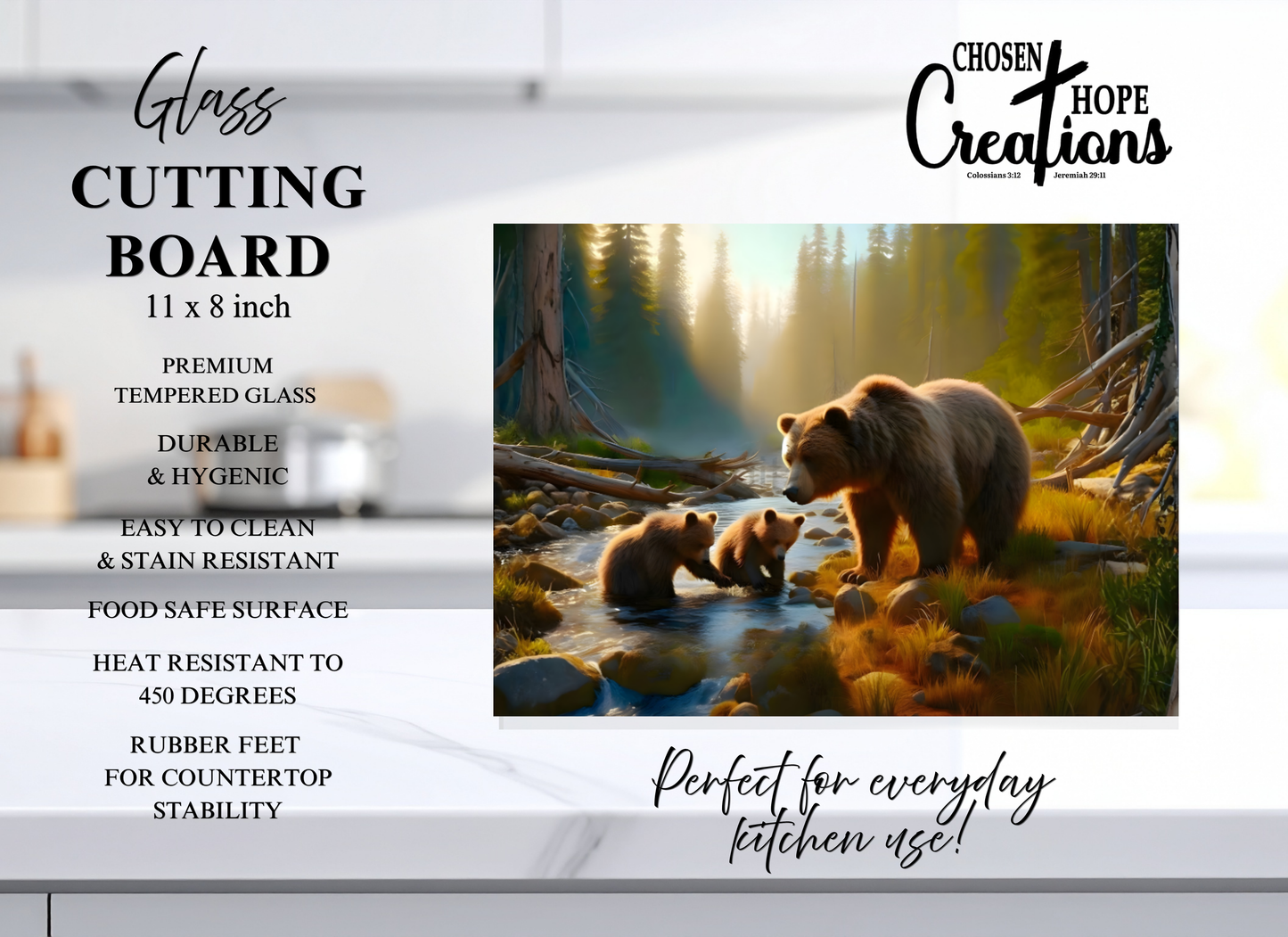 Mountain Grizzly Bear Stream Tempered Glass Cutting Board – 8×11