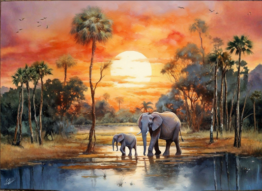 Elephant Mother& Calf at Sunset – 8x11 Tempered Glass Cutting Board