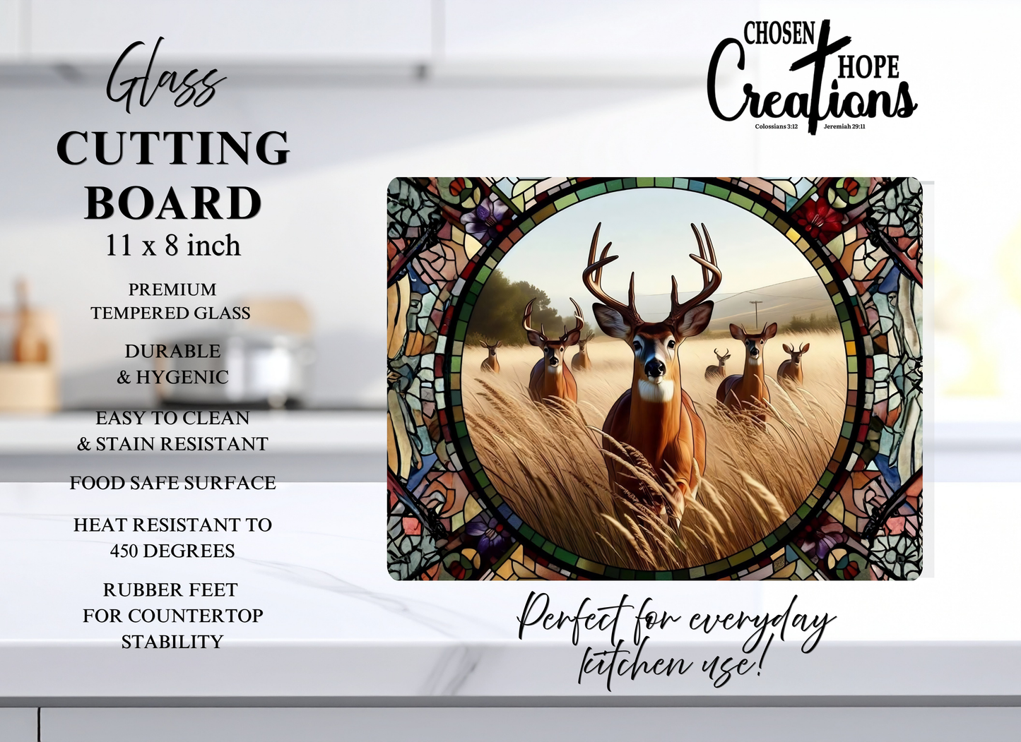 Stained Glass Deer Herd Tempered Glass Cutting Board – 8×11