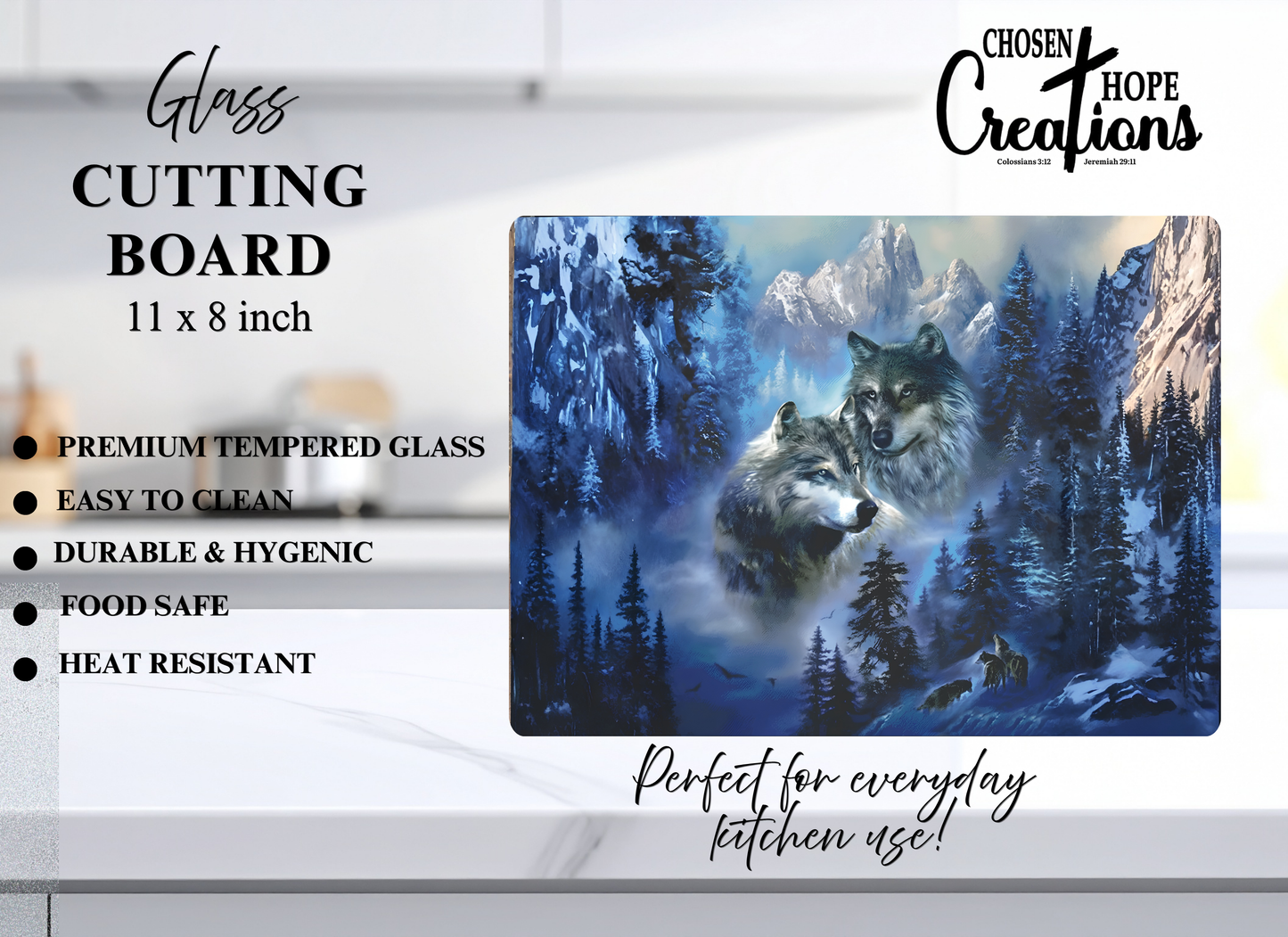 Winter Wolves Mountain Tempered Glass Cutting Board – 8×11