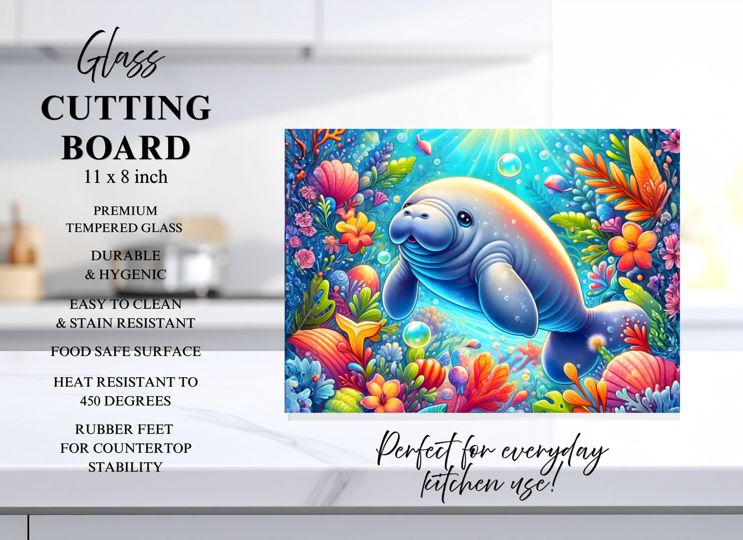 Whimsical Manatee Tempered Glass Cutting Board – 8×11