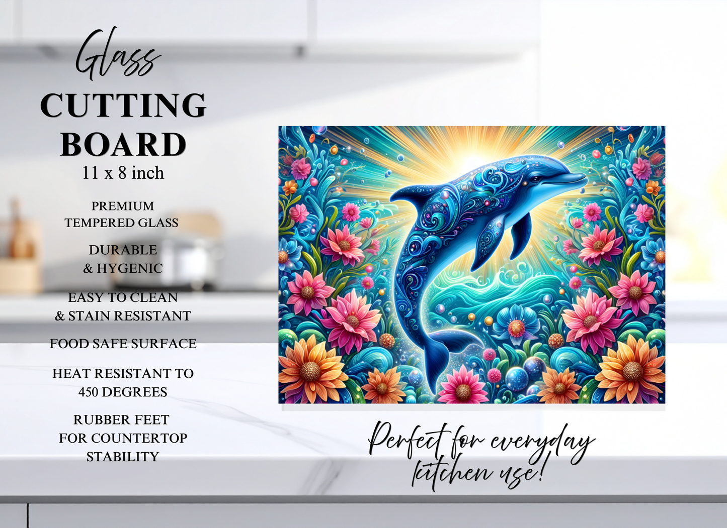 Ornate Dolphin Garden Tempered Glass Cutting Board – 8×11