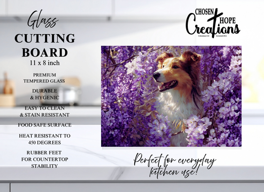 Collie in Wisteria Tempered Glass Cutting Board – 8×11