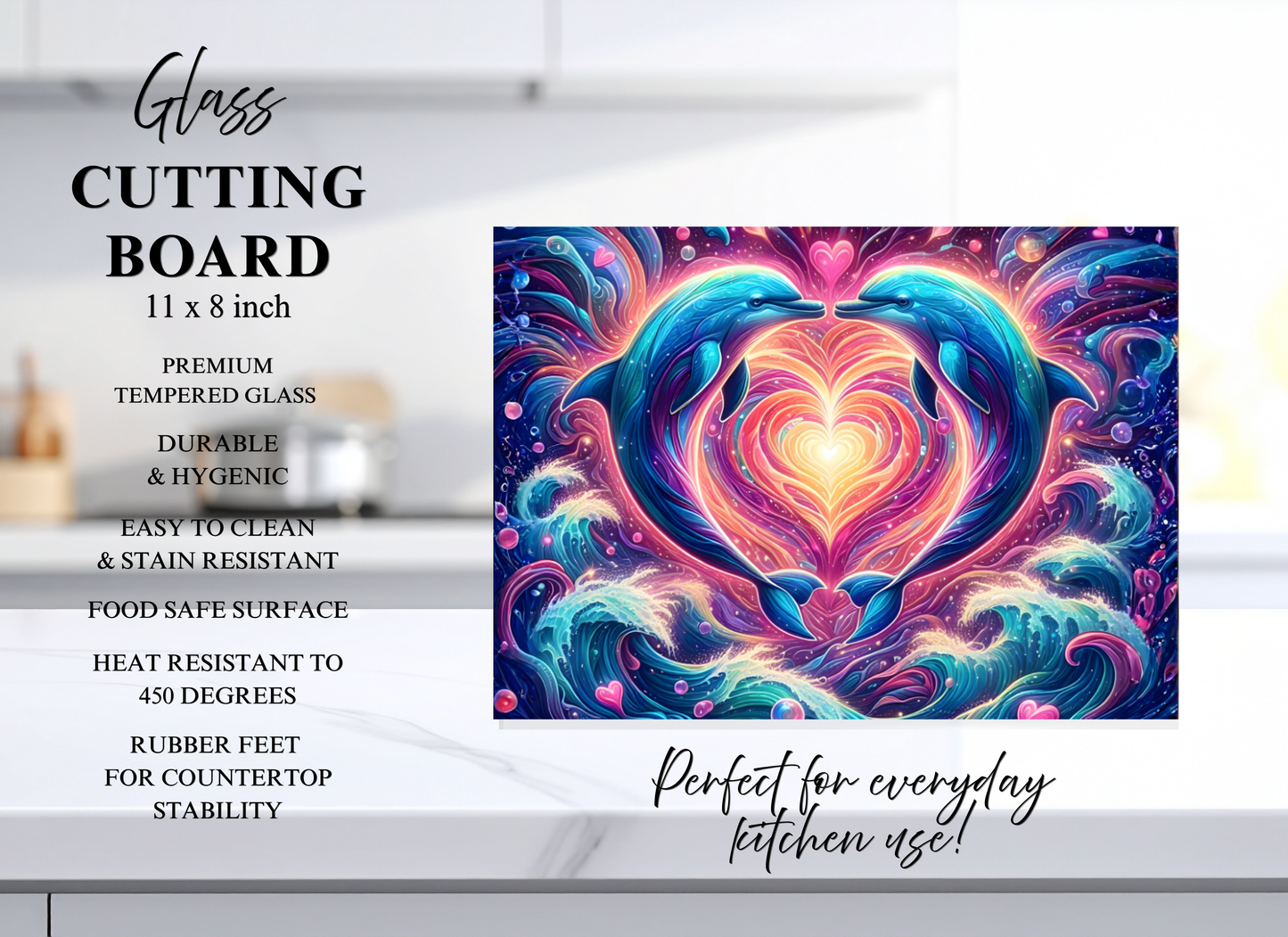 Dolphin Love Heart Tempered Glass Cutting Board – 8×11