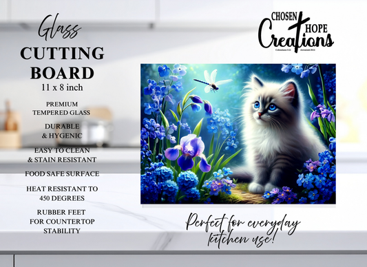 Blue-Eyed Kitten Iris Garden Tempered Glass Cutting Board – 8×11