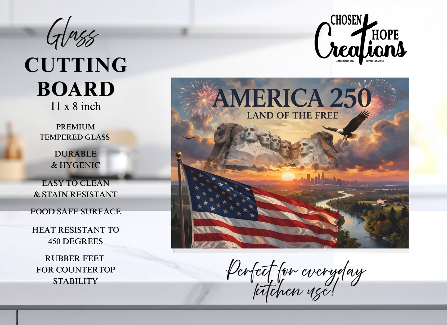 America 250 Land of the Free Patriotic Glass Cutting Board