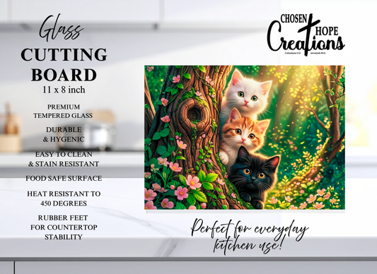 Three Kittens Enchanted Tree Tempered Glass Cutting Board – 8×11