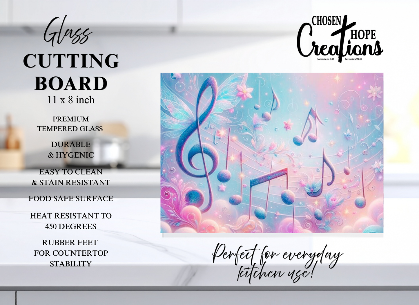 Psalm 103:1 Musical Notes Tempered Glass Cutting Board – 8×11